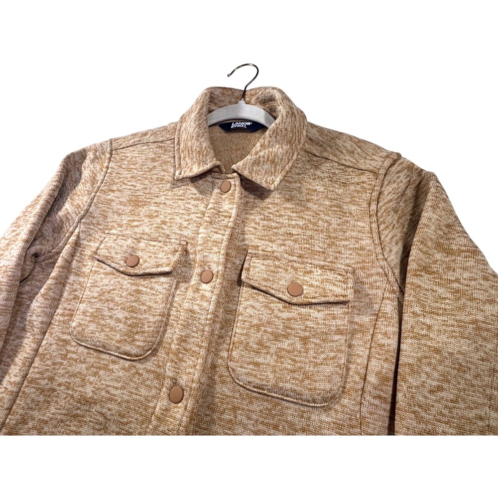 Lands End Womens Sweater Fleece Long Shirt Jacket Tan Marl Snap Front M 10-12